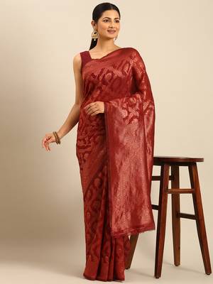 Sangam Prints Maroon Cotton Woven Work Traditional Saree 2