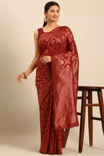 Sangam Prints Maroon Cotton Woven Work Traditional Saree