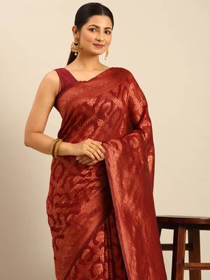 Sangam Prints Maroon Cotton Woven Work Traditional Saree 3