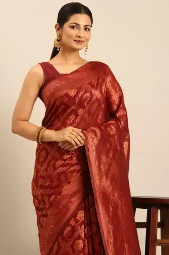Sangam Prints Maroon Cotton Woven Work Traditional Saree