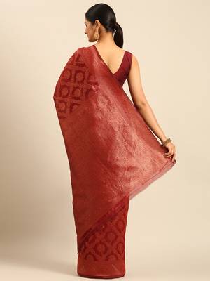 Sangam Prints Maroon Cotton Woven Work Traditional Saree 4