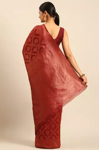Sangam Prints Maroon Cotton Woven Work Traditional Saree