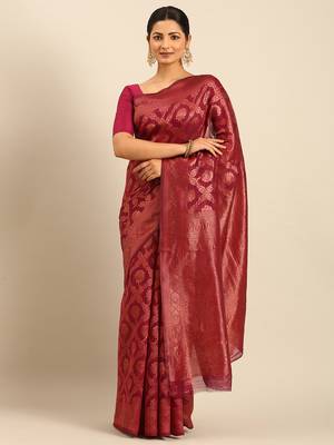 Sangam Prints Magenta Cotton Woven Work Traditional Saree 1