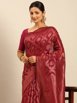 Sangam Prints Magenta Cotton Woven Work Traditional Saree 3
