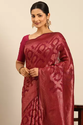 Sangam Prints Magenta Cotton Woven Work Traditional Saree