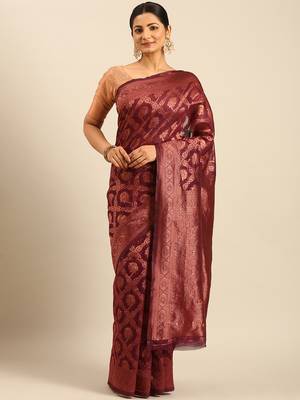 Sangam Prints Wine Cotton Woven Work Traditional Saree 1