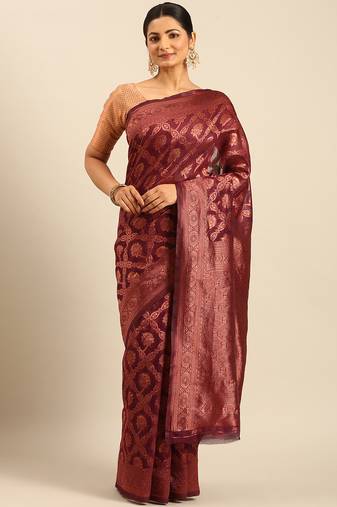 Sangam Prints Wine Cotton Woven Work Traditional Saree