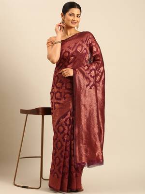 Sangam Prints Wine Cotton Woven Work Traditional Saree 2