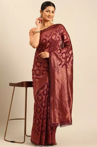 Sangam Prints Wine Cotton Woven Work Traditional Saree