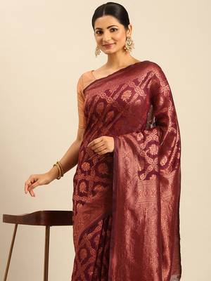 Sangam Prints Wine Cotton Woven Work Traditional Saree 3