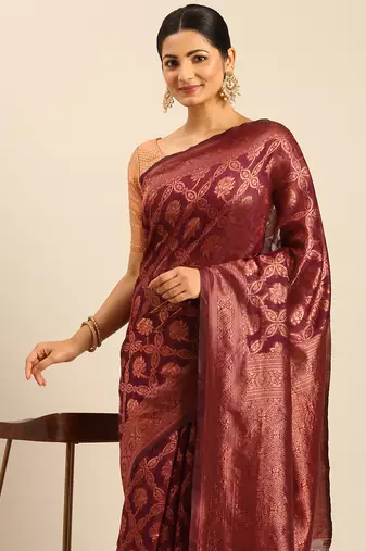 Sangam Prints Wine Cotton Woven Work Traditional Saree