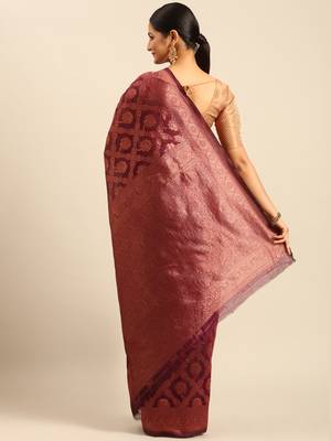 Sangam Prints Wine Cotton Woven Work Traditional Saree 4