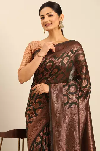 Sangam Prints Bottle Green Cotton Woven Work Traditional Saree