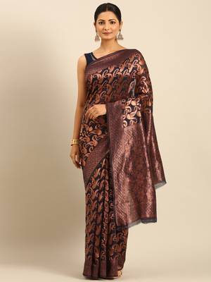 Sangam Prints Navy Blue Cotton Woven Work Traditional Saree 1