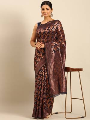 Sangam Prints Navy Blue Cotton Woven Work Traditional Saree 2