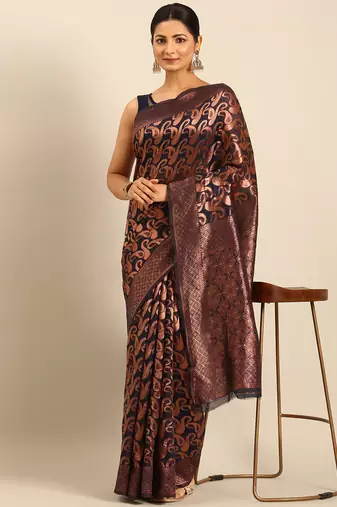 Sangam Prints Navy Blue Cotton Woven Work Traditional Saree