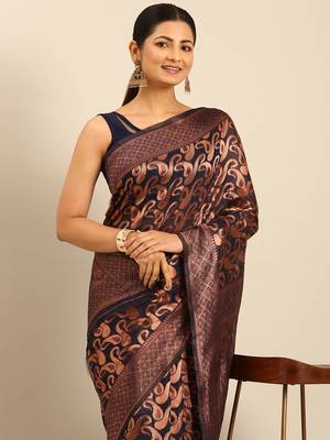 Sangam Prints Navy Blue Cotton Woven Work Traditional Saree 3