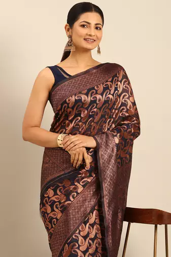 Sangam Prints Navy Blue Cotton Woven Work Traditional Saree