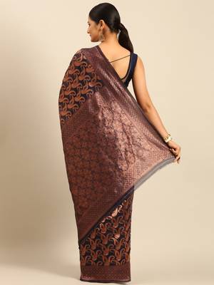 Sangam Prints Navy Blue Cotton Woven Work Traditional Saree 4