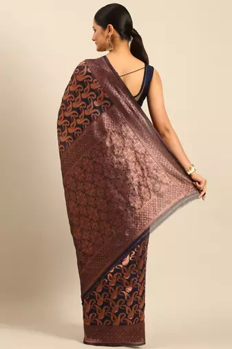 Sangam Prints Navy Blue Cotton Woven Work Traditional Saree