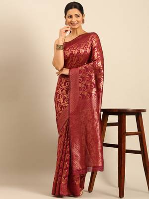 Sangam Prints Magenta Cotton Woven Work Traditional Saree 2