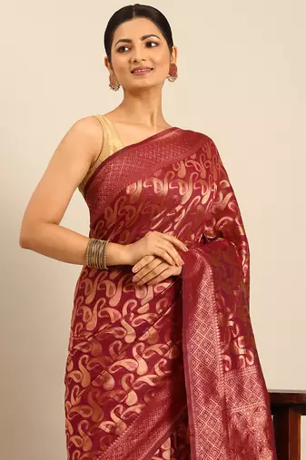Sangam Prints Magenta Cotton Woven Work Traditional Saree