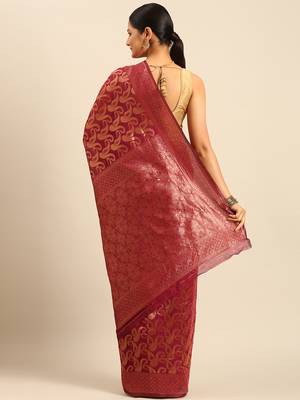 Sangam Prints Magenta Cotton Woven Work Traditional Saree 4