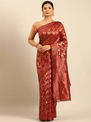 Sangam Prints Maroon Cotton Woven Work Traditional Saree 1