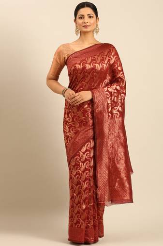 Sangam Prints Maroon Cotton Woven Work Traditional Saree