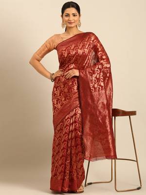 Sangam Prints Maroon Cotton Woven Work Traditional Saree 2