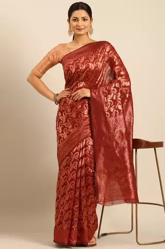 Sangam Prints Maroon Cotton Woven Work Traditional Saree