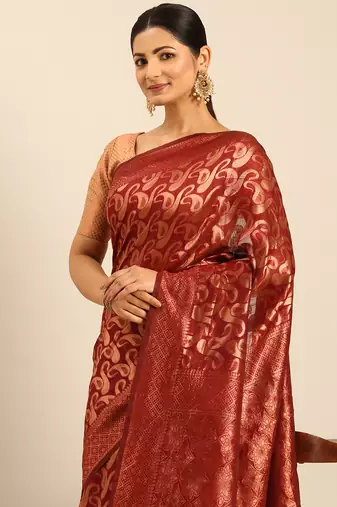 Sangam Prints Maroon Cotton Woven Work Traditional Saree