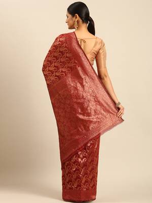 Sangam Prints Maroon Cotton Woven Work Traditional Saree 4