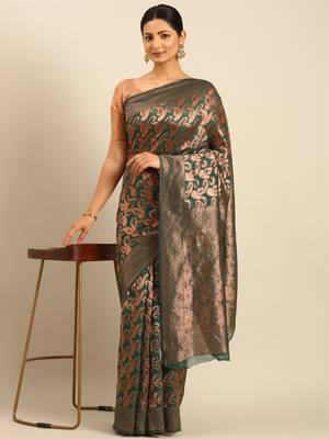 Sangam Prints Green Cotton Woven Work Traditional Saree 2