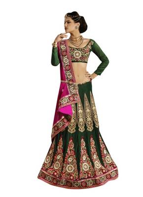 Designer Net Fabric Green Colored Embroidered Lahenga Choli 1
