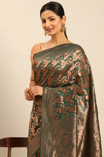 Sangam Prints Green Cotton Woven Work Traditional Saree