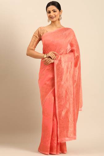 Sangam Prints Peach Cotton Woven Work Traditional Saree