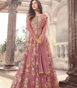 Pink embroidered net semi stitched anarkali churidar suit
