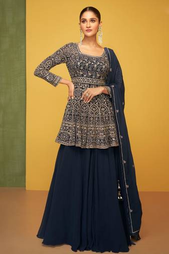 Blue embroidered georgette stitched anarkali lehenga suit (size upto 42)