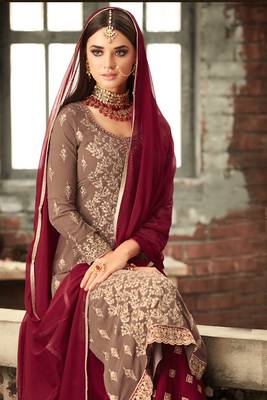 Fawn embroidered georgette semi stitched straight palazzo suit 2