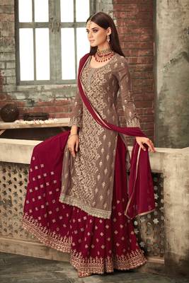 Fawn embroidered georgette semi stitched straight palazzo suit 3