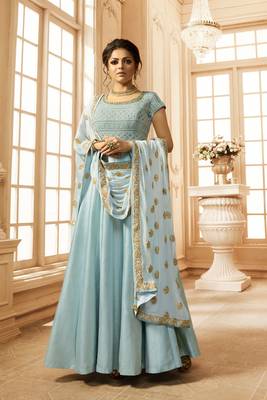 Blue embroidered linen silk semi stitched anarkali churidar suit 1