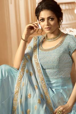 Blue embroidered linen silk semi stitched anarkali churidar suit 2