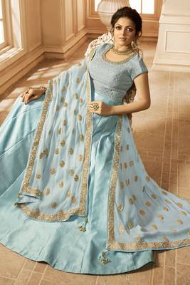 Blue embroidered linen silk semi stitched anarkali churidar suit 3