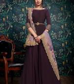 Wine embroidered satin georgette semi stitched anarkali churidar suit