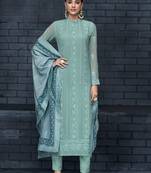 Blue embroidered georgette semi stitched straight pant suit