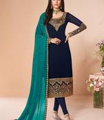 Blue embroidered georgette semi stitched straight churidar suit