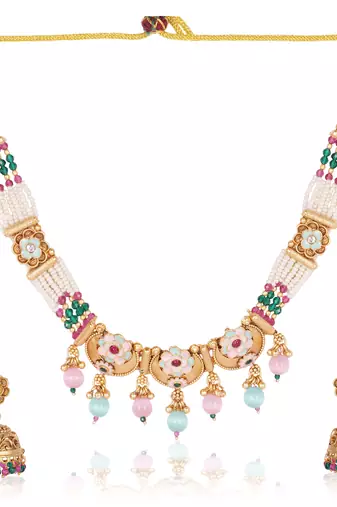   Gold plated indian traditional temple jewellery necklace set with adjustable thread for wo  and girls