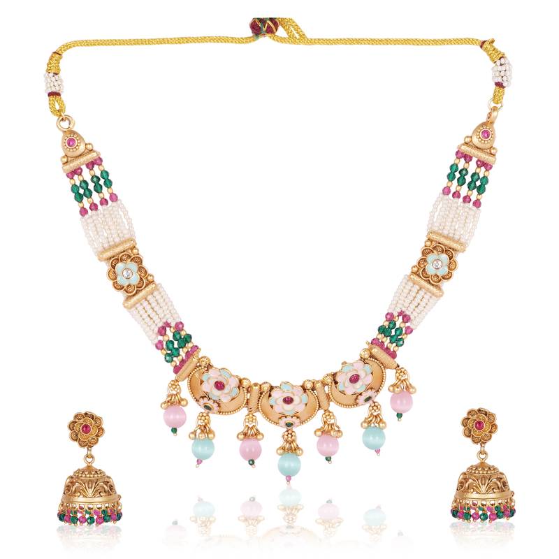   Gold plated indian traditional temple jewellery necklace set with adjustable thread for wo  and girls