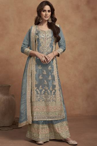 Brown Simer Silk Plazo Suit With Kameez & Dupatta For Indian & Pakistani Wedding Festival - Thread Sequence Work main image 0